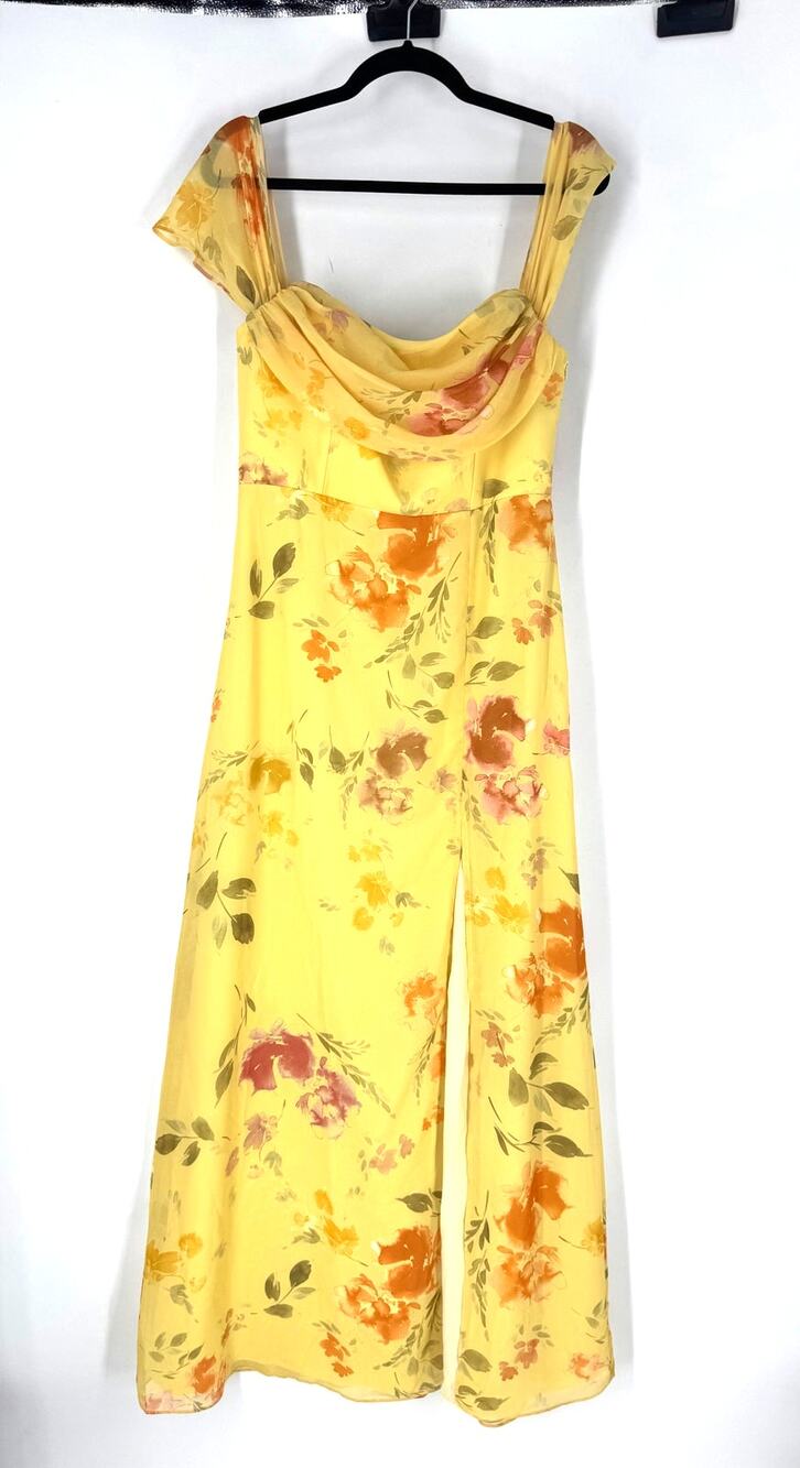 Yellow Birdy Gray Floral Maxi Bridesmaid Dress w/slit, M